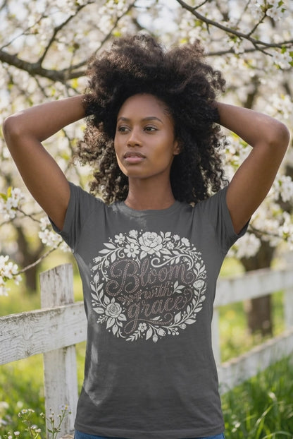 "Bloom with grace, gray, floral, rhinestone t-shirt