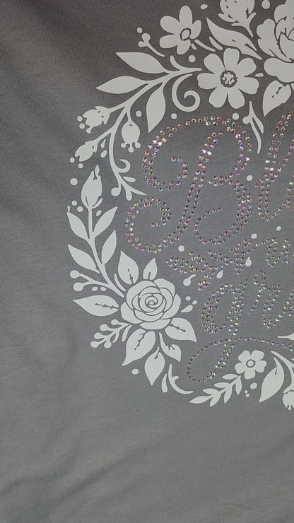 "Bloom with grace, gray, floral, rhinestone t-shirt