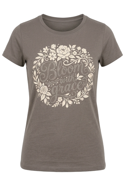 "Bloom with grace, gray, floral, rhinestone t-shirt