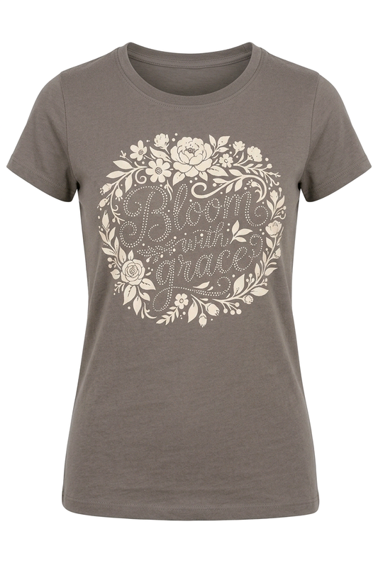 "Bloom with grace, gray, floral, rhinestone t-shirt