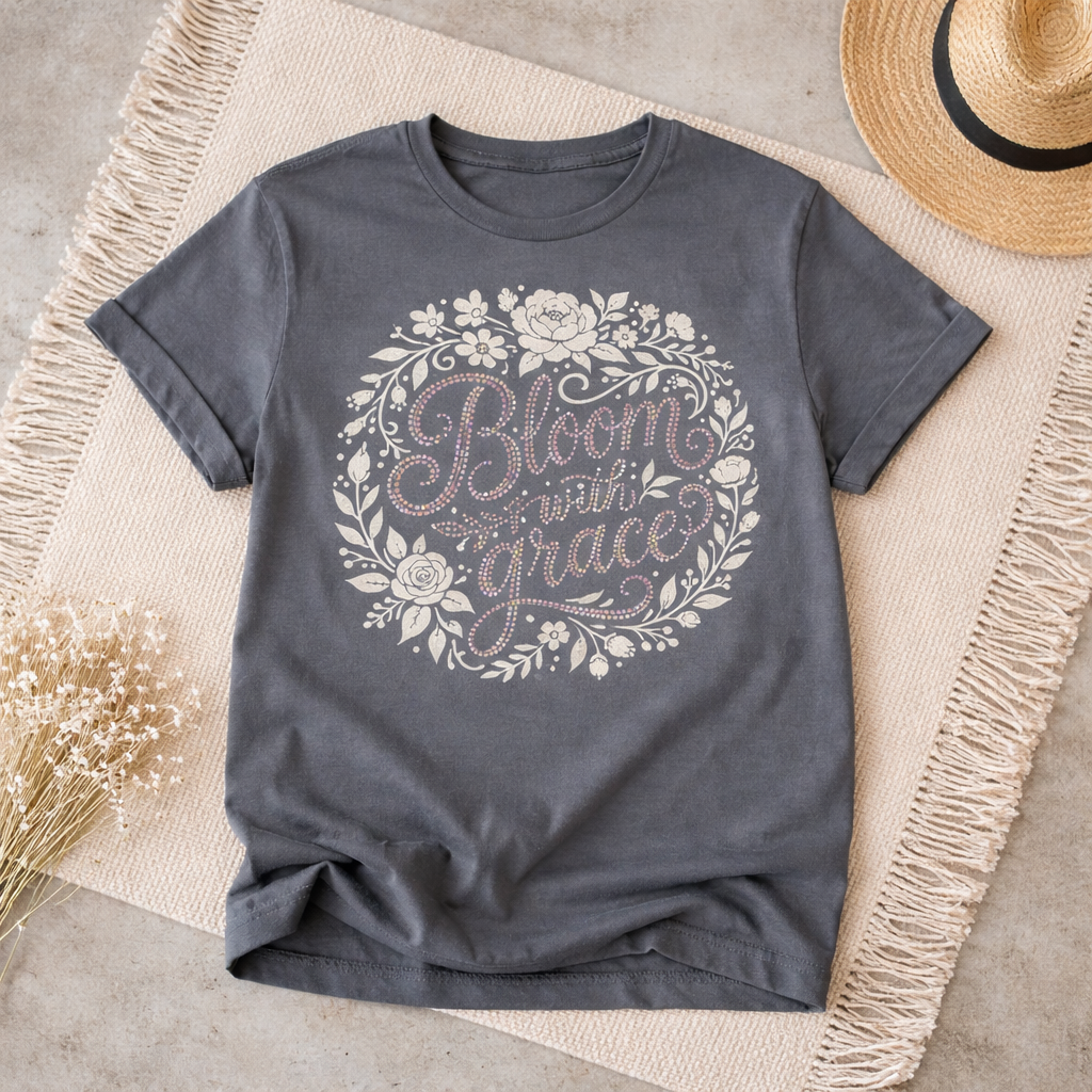 "Bloom with grace, gray, floral, rhinestone t-shirt