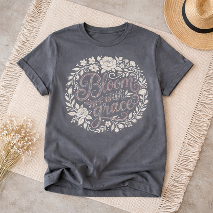 "Bloom with grace, gray, floral, rhinestone t-shirt