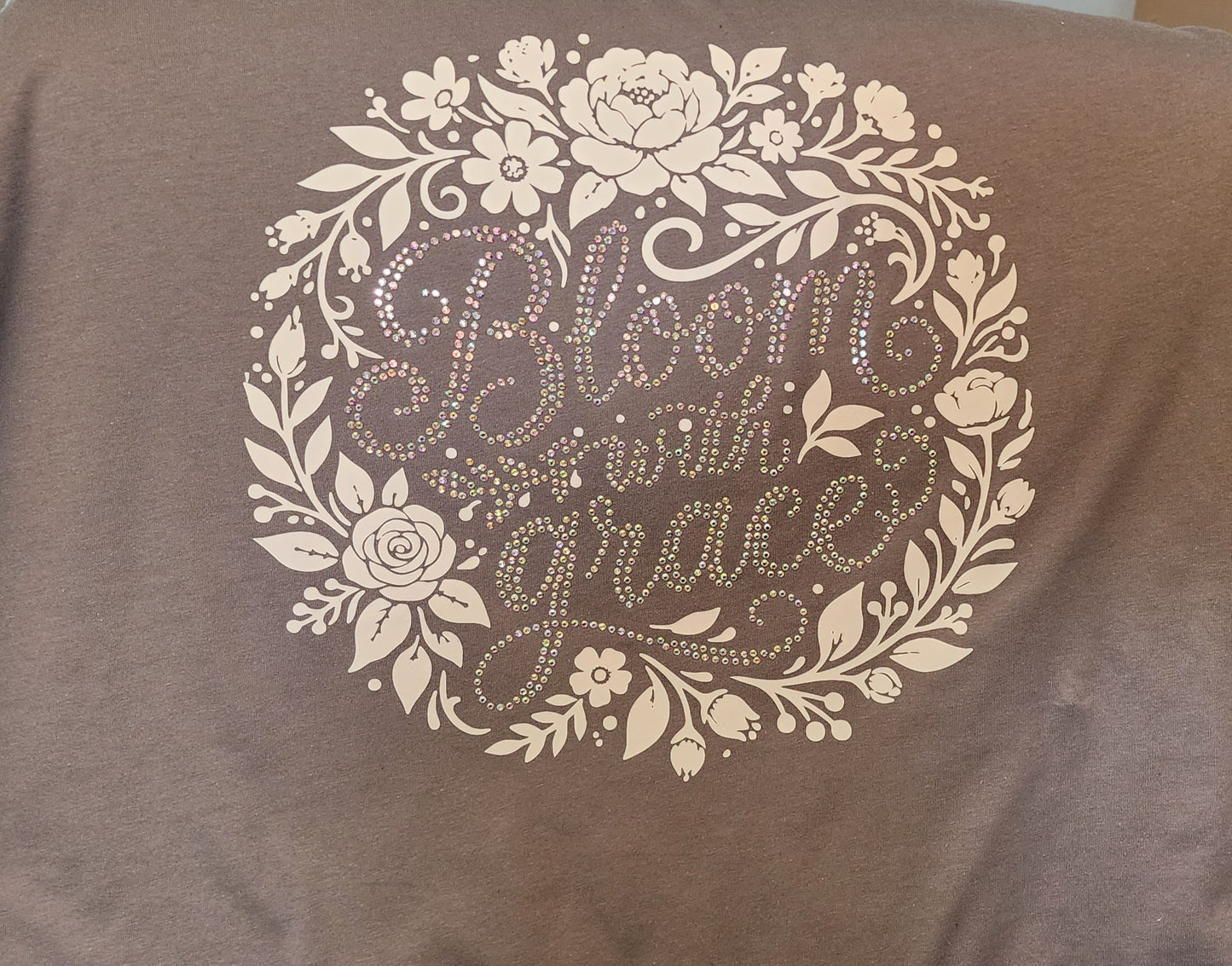 "Bloom with grace, gray, floral, rhinestone t-shirt