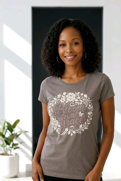 "Bloom with grace, gray, floral, rhinestone t-shirt
